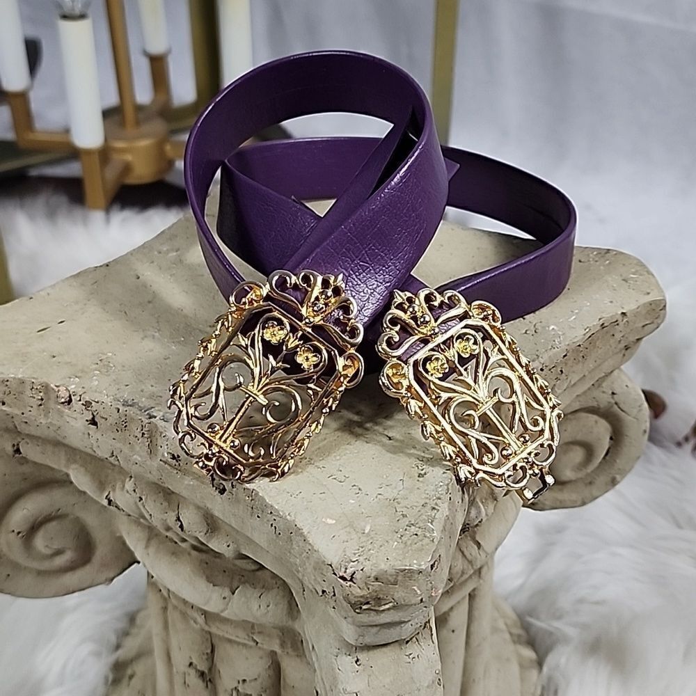 Mimi Di N Signed Gold & Silver Tone Floral & Heart Belt Buckle Clasps 1985 Glam